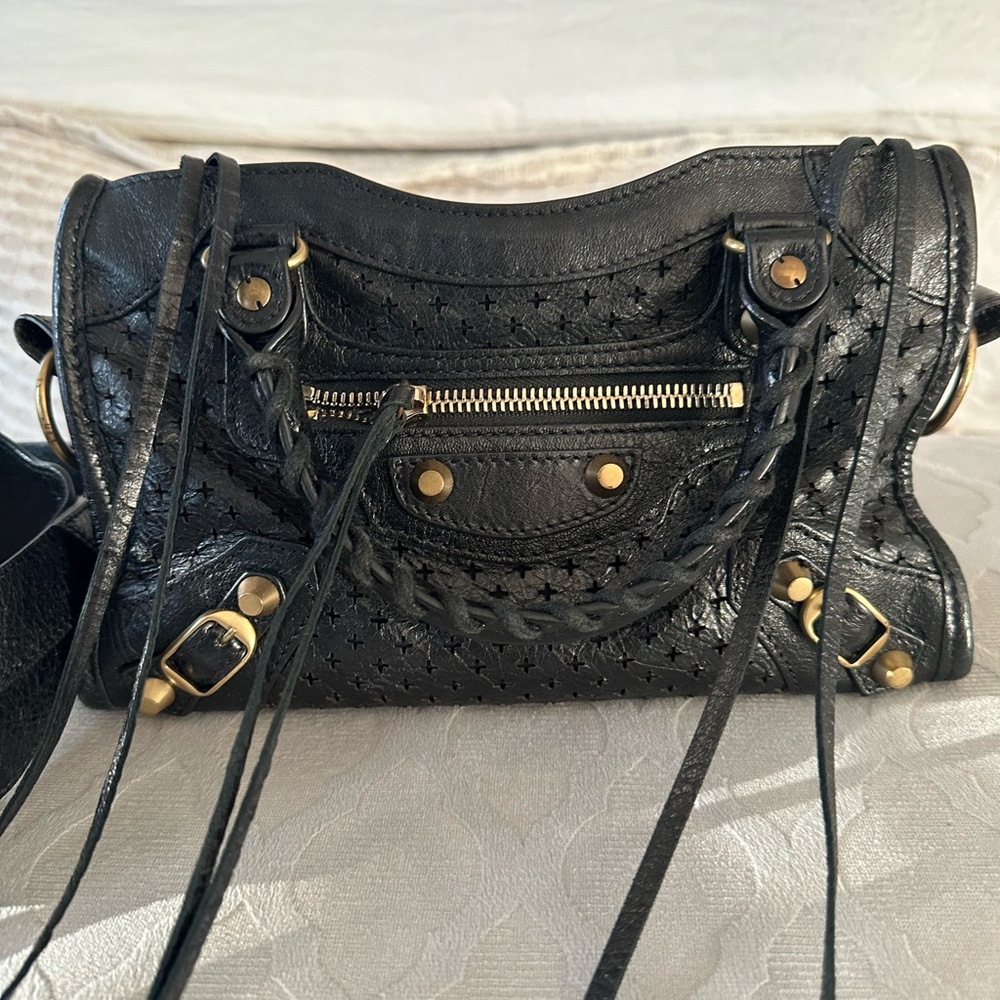 Authentic Balenciaga Mini City Bag in Black Perforated Leather